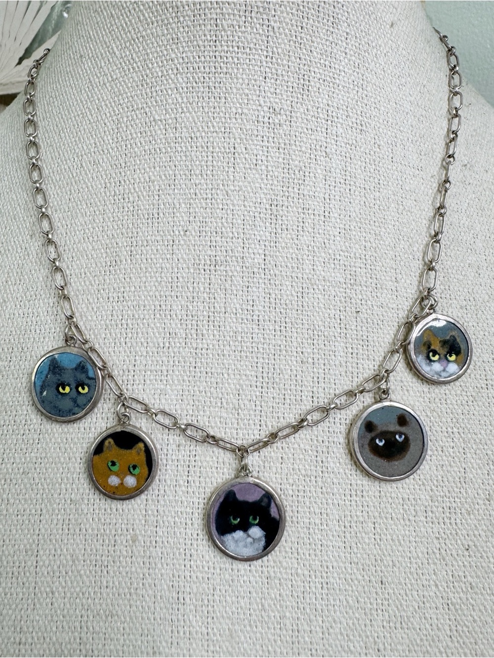 Victor Lee 5 Coin Cat Face Necklace Sterling Silver Limoges Grisaille Enamel